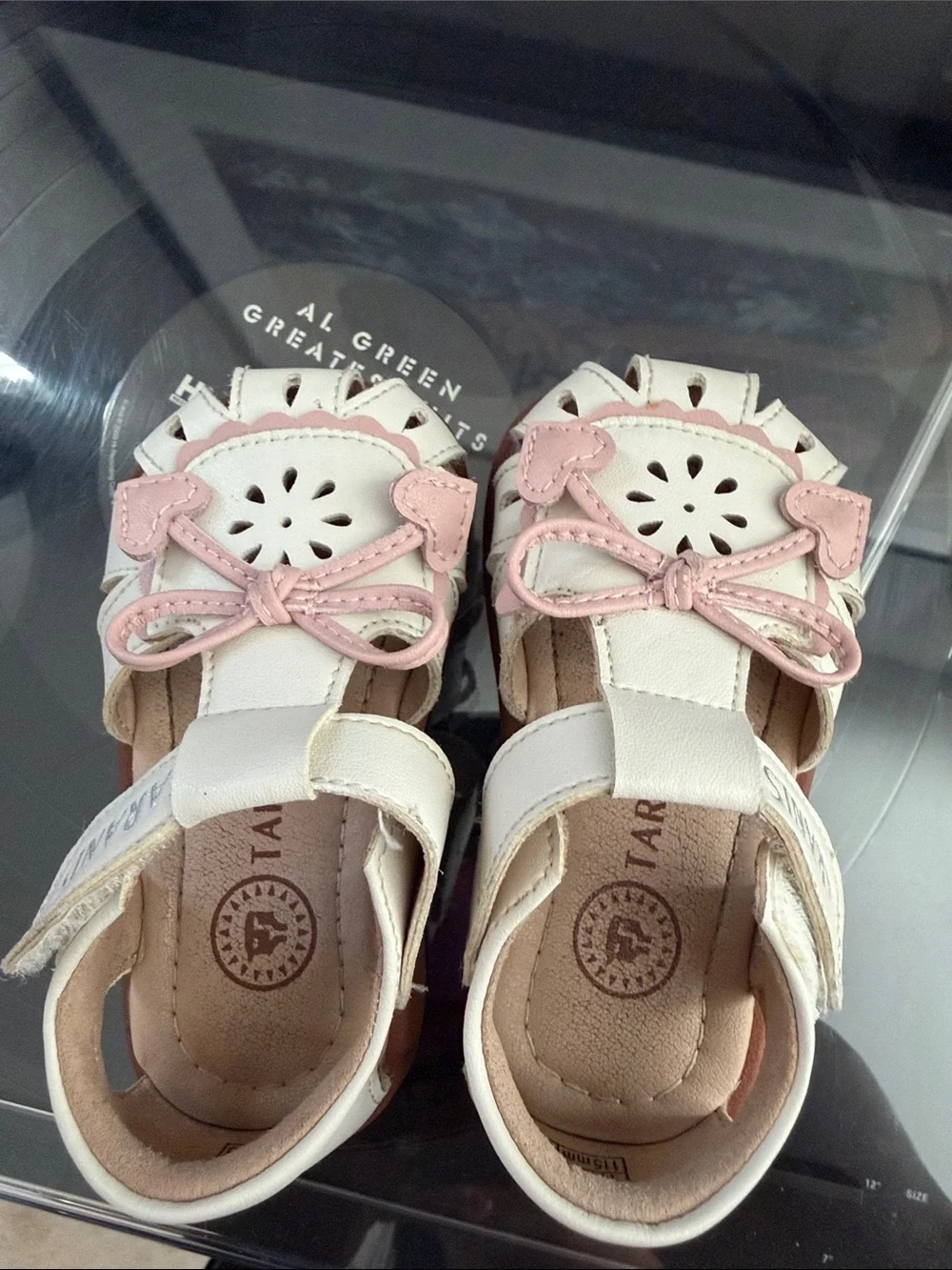 Kids White and Pink Heart Bow Leather Sandals